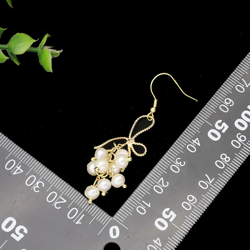 Natural Freshwater Pearl Bow Earrings Woven Ins Style High Sense Ear Hook Ethnic Style Handmade Ornament - Dazpy