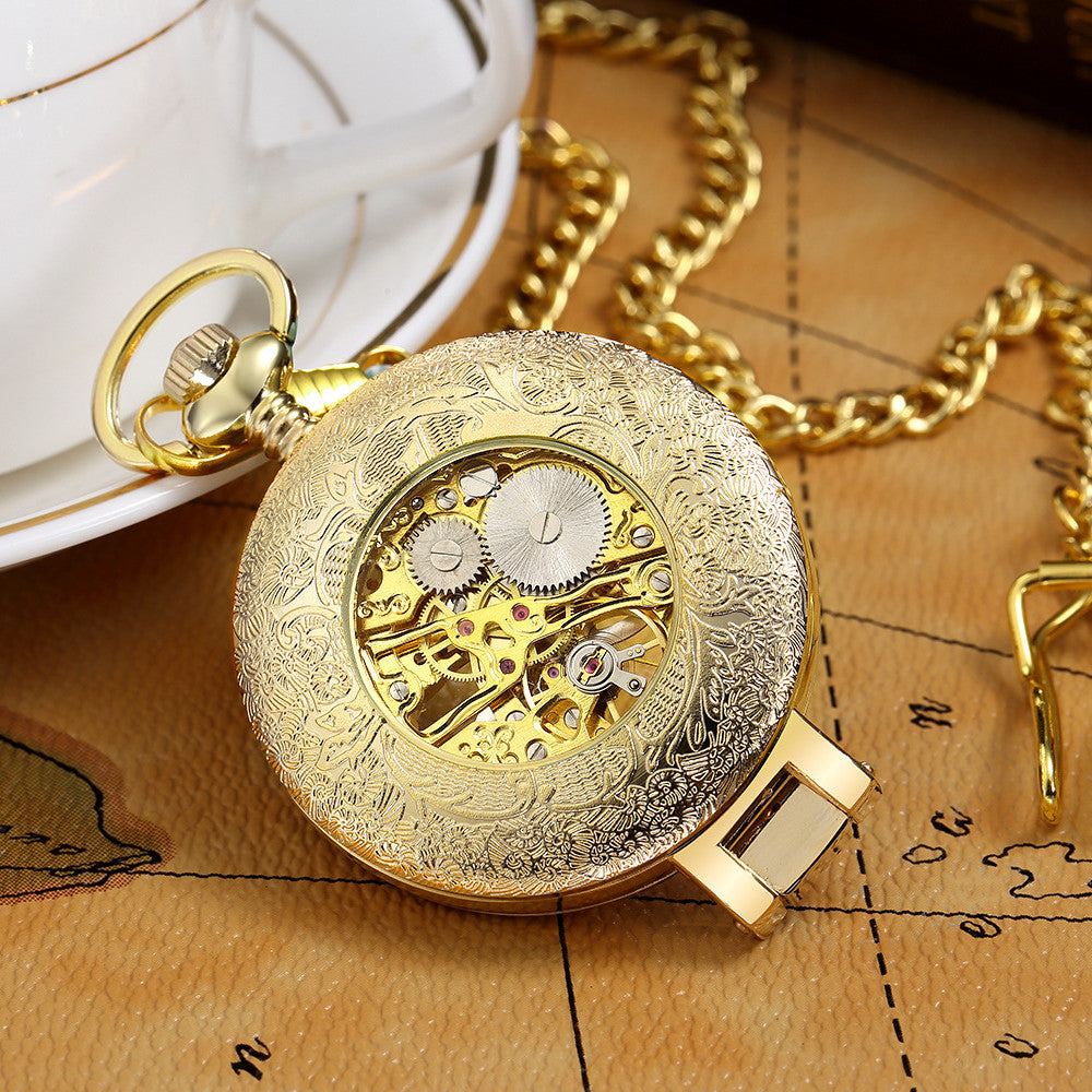 Flip Manual Mechanical Pocket Watch Roman Engraved Skeleton - Dazpy