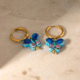 Aretes de cerámica con forma de mariposa y flor azul de acero inoxidable chapado en oro de 18 quilates