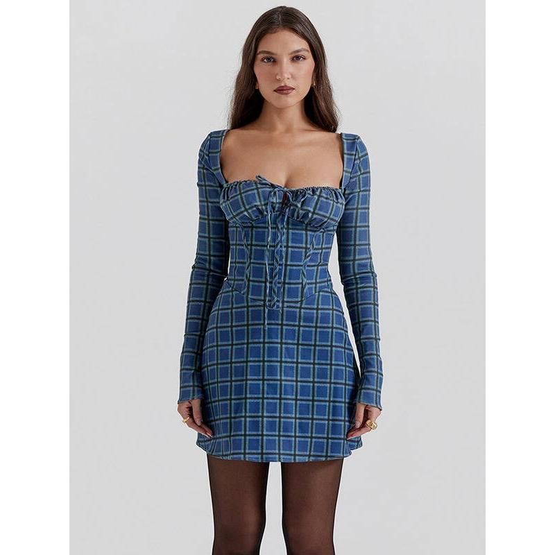 Chic Tartan Backless Mini Dress with Square Collar and Lace-Up Detail