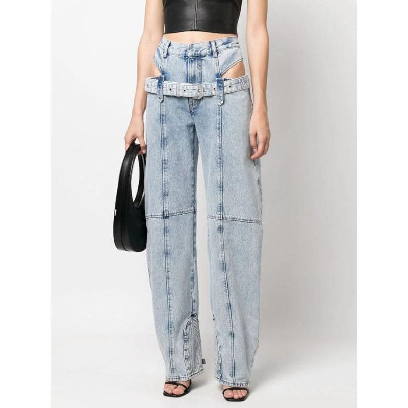 High Waist Casual Straight Denim Trousers with Hollow Out Detail