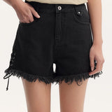 Shorts cool de calle con borde enrollado y lazo de mujer de color negro