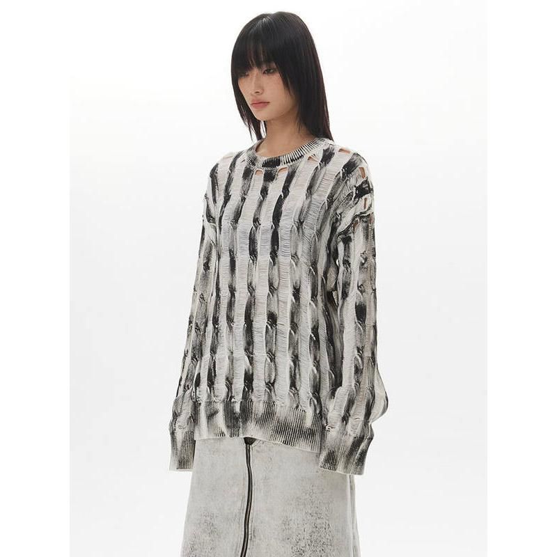 Women's Striped Knit Pullover with Hollow Accents