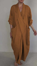 Vestido de algodón y lino con cuello en V, abertura y bolsillos para mujer