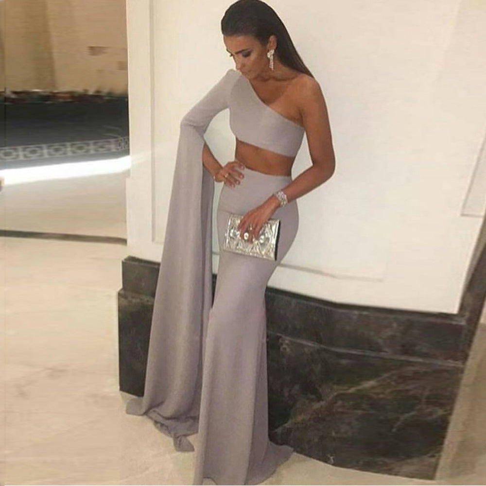 New One-shoulder Sleeve Exposed Navel Formal Dress