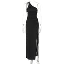 Vestido largo asimétrico de mujer con espalda descubierta y cordones