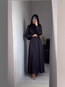 Long-Sleeve Belt-Detail A-Line Maxi Dress