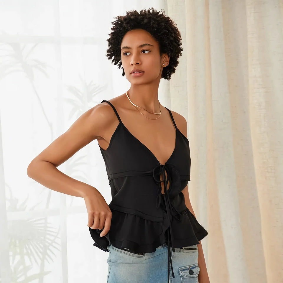 Ärmelloses Camisole-Top mit V-Ausschnitt und Bindeband für Damen