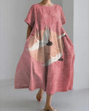 Printed Short-Sleeve Patchwork Midi Dress