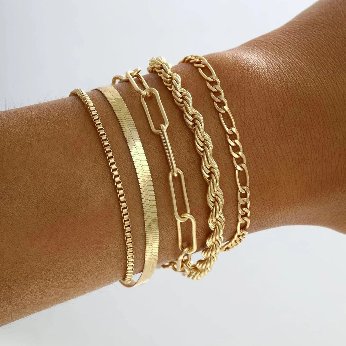 Juego de 6 pulseras doradas: diseño de cadena cubana boho chic para mujer