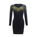 Vestido de punto negro con cuello en V y cuentas para mujer