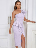Vestido midi de algodón drapeado color lavanda con un solo hombro
