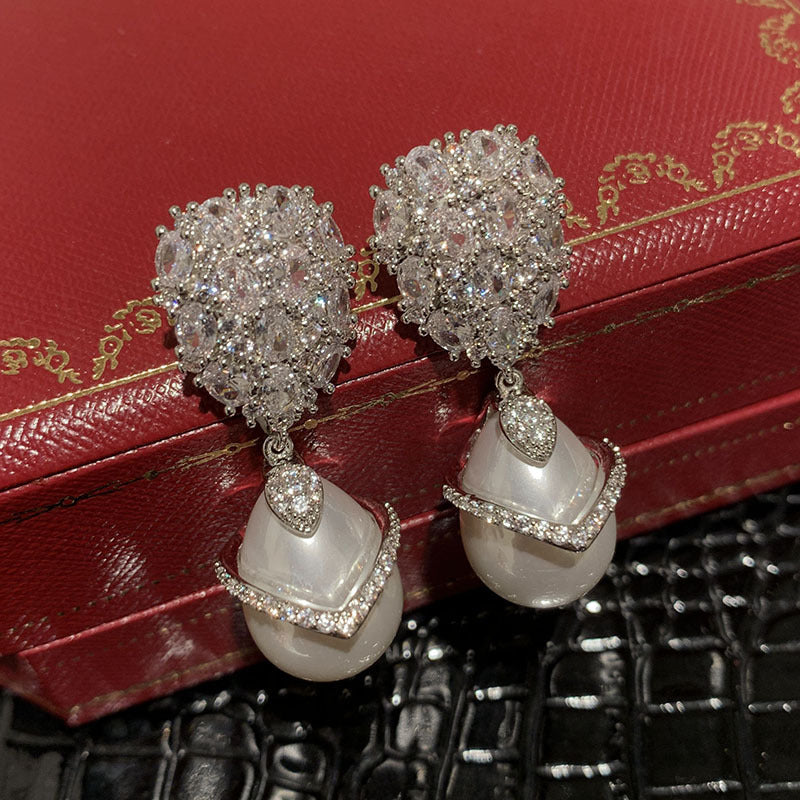 Super Sparkling Balloon S925 Silver Needle One Piece Dress Wave Elegant Drop Pearl Earrings - Dazpy