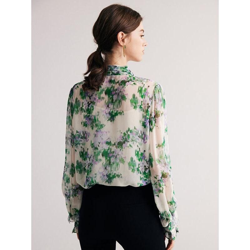 Bluse aus Seidenmischung mit Blumenmuster und Schleifenkragen für Damen