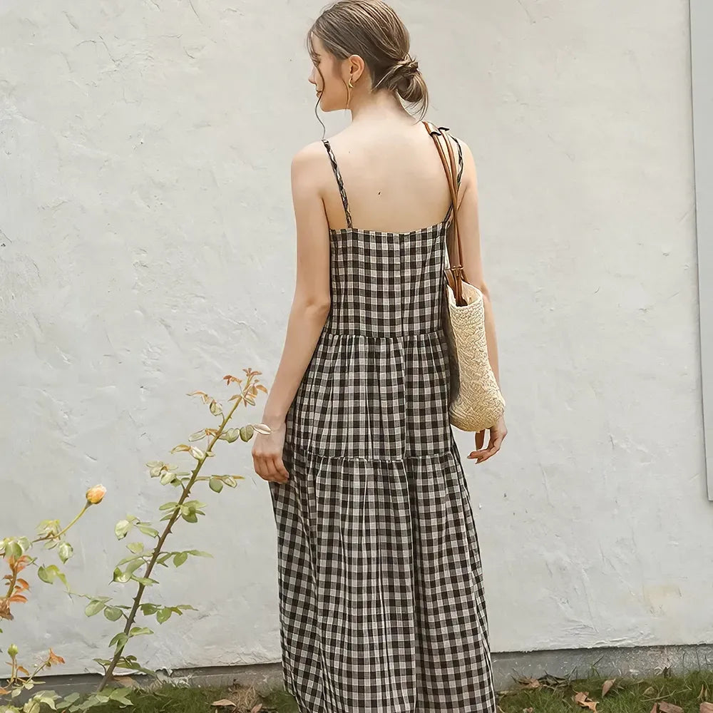 Vestido de verano de lino y algodón a cuadros vintage