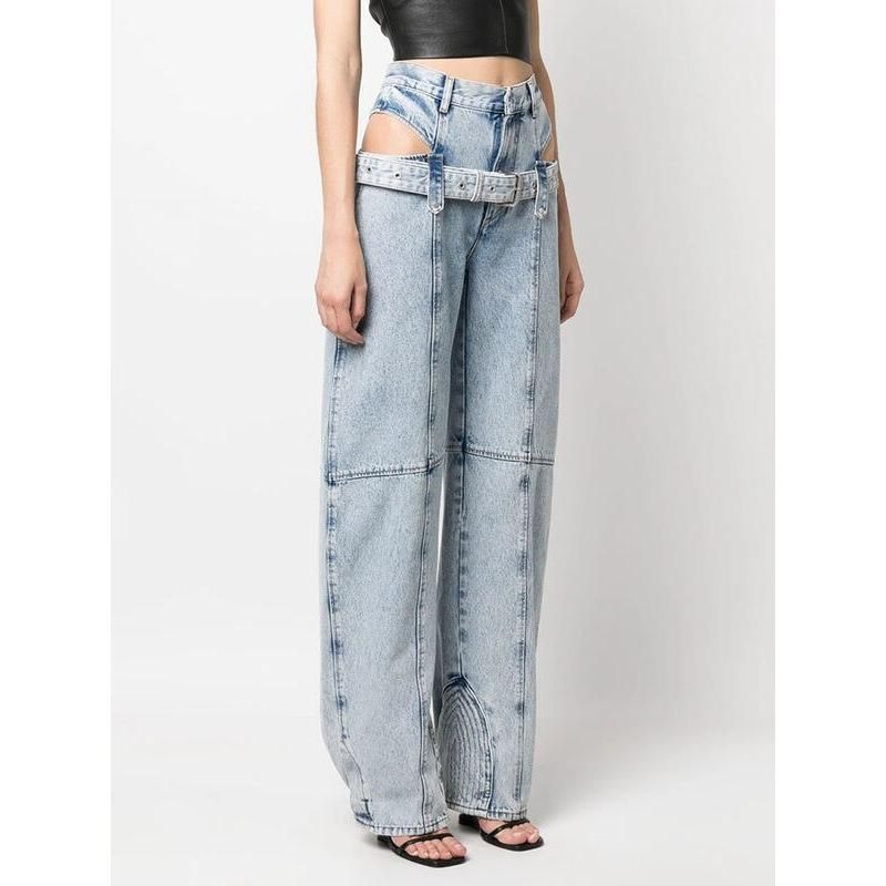 High Waist Casual Straight Denim Trousers with Hollow Out Detail