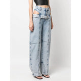 High Waist Casual Straight Denim Trousers with Hollow Out Detail