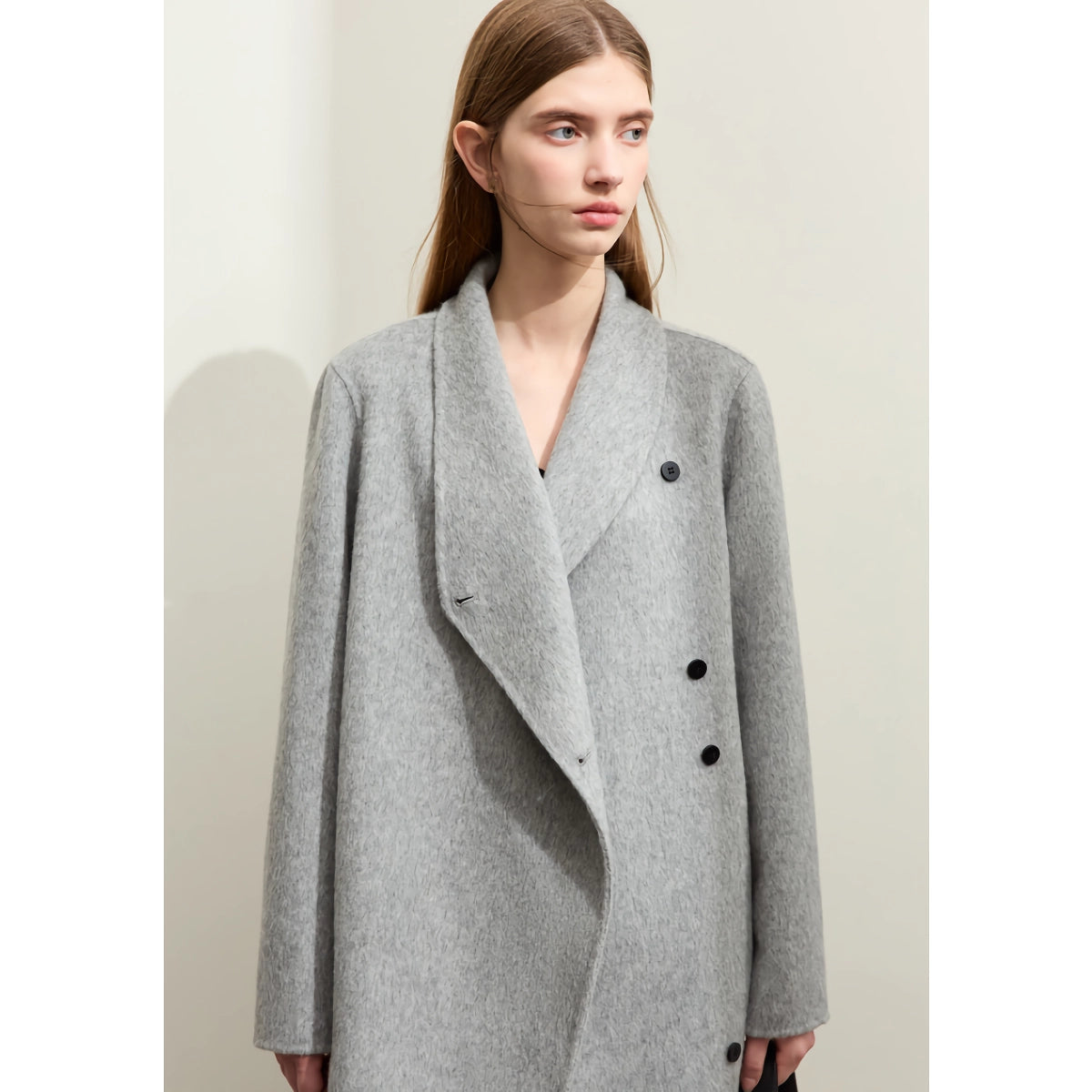 Minimalist Woolen Coat for Women with Stand Collar and Slit