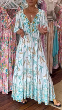 Women's Printed Deep-V Half-Sleeve A-Line Dress