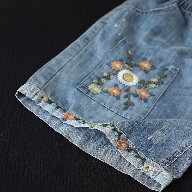 Summer Floral Embroidery High Waist Wide Leg Denim Shorts