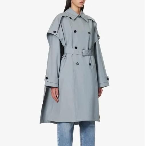 Graublauer Trenchcoat mit Fledermausärmeln und zweireihigem Design