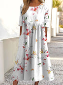 Vestido largo estampado de manga corta para mujer con bolsillos