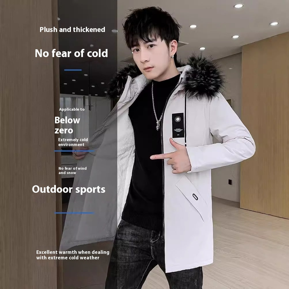 Fleece-lined Hooded Thickened Winter Mid-length Jacket Trench Youth Cotton-padded Men's Coat