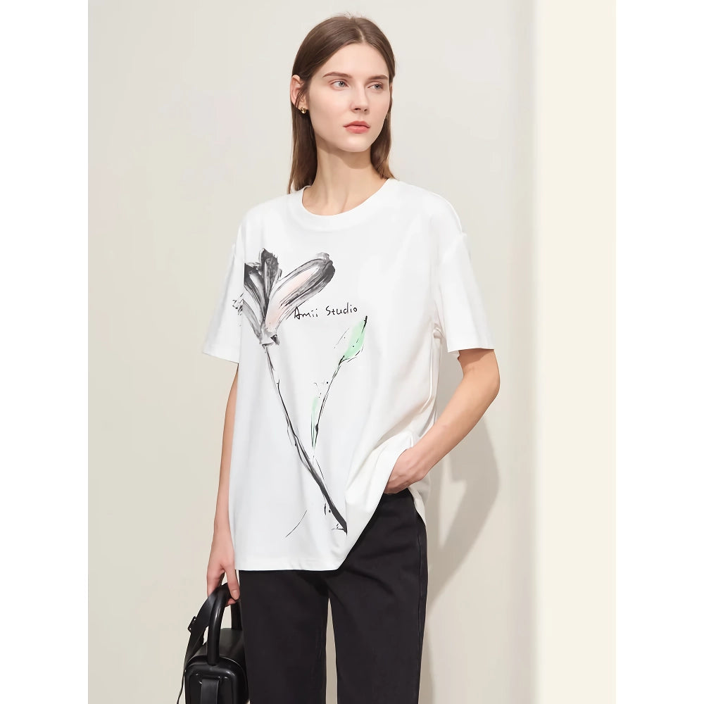 Damen T-Shirt mit minimalistischem Tinten-Kunstdruck