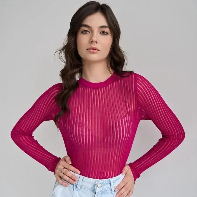 Elegantes, durchsichtiges, gestreiftes Langarm-Top für Damen