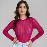 Top transparente elegante de manga larga a rayas para mujer