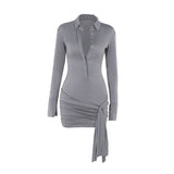 Fashion Semi See-through Ribbon Lapel Long Sleeve Dress Women