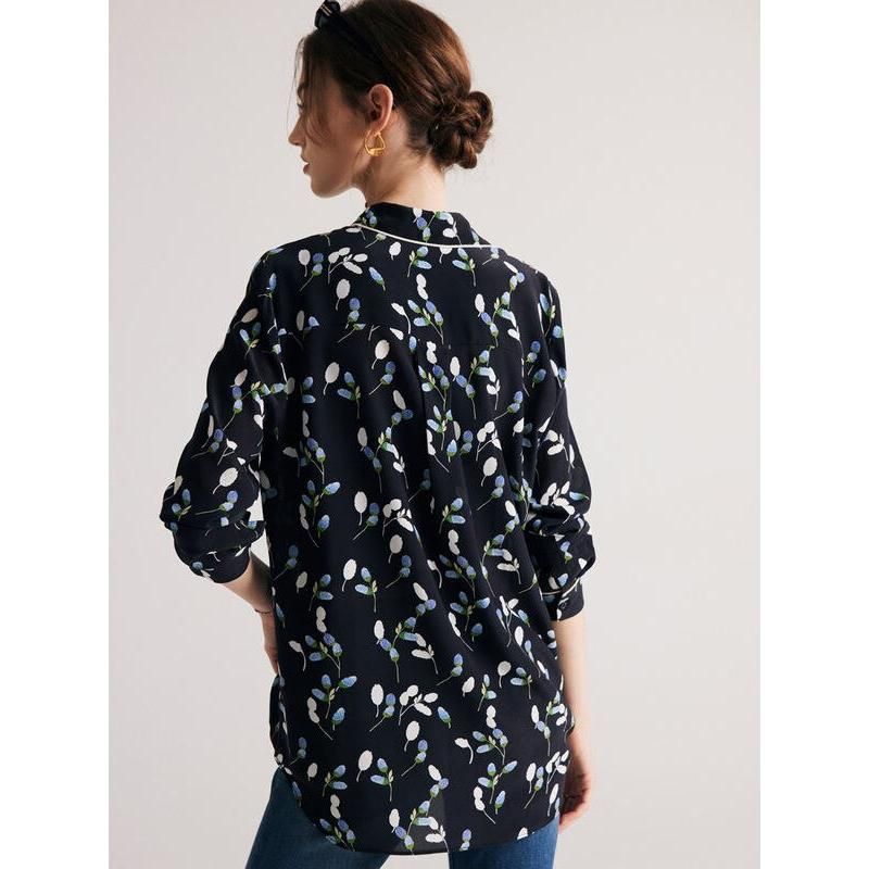 Chic Navy Floral Silk Blouse