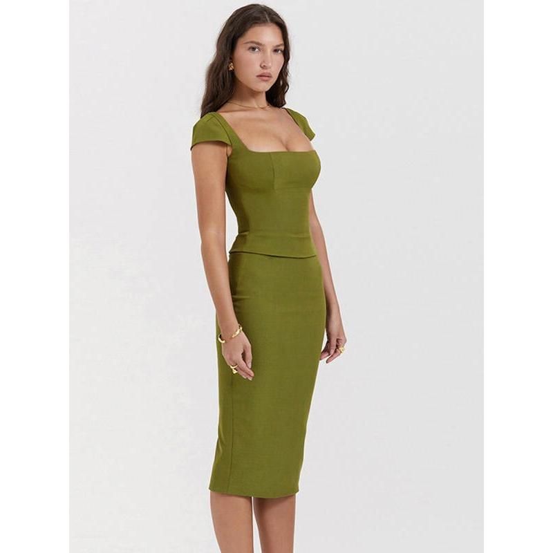 Green Sexy Women Two Piece Set - Square Collar Short Sleeve Tops And Midi Skirt Matching Sets