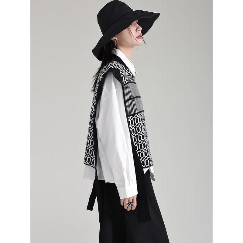 Black Irregular Pattern Knitting Vintage Vest