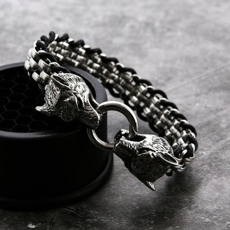 European And American Punk Stainless Steel Double Wolf Head Buckle Woven Men's Bracelet - Dazpy