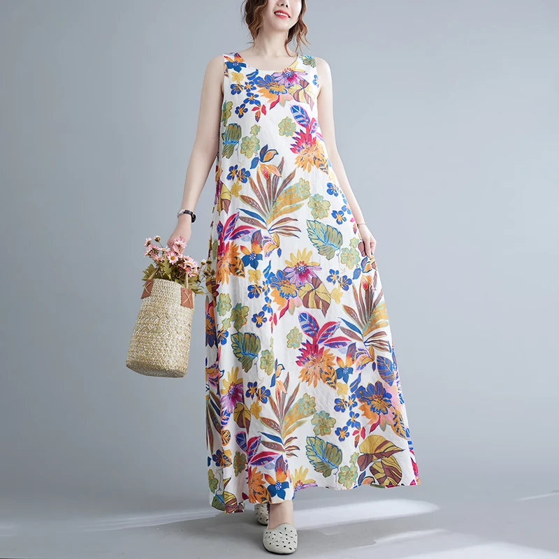 Floral Print Cotton Linen Long Dress