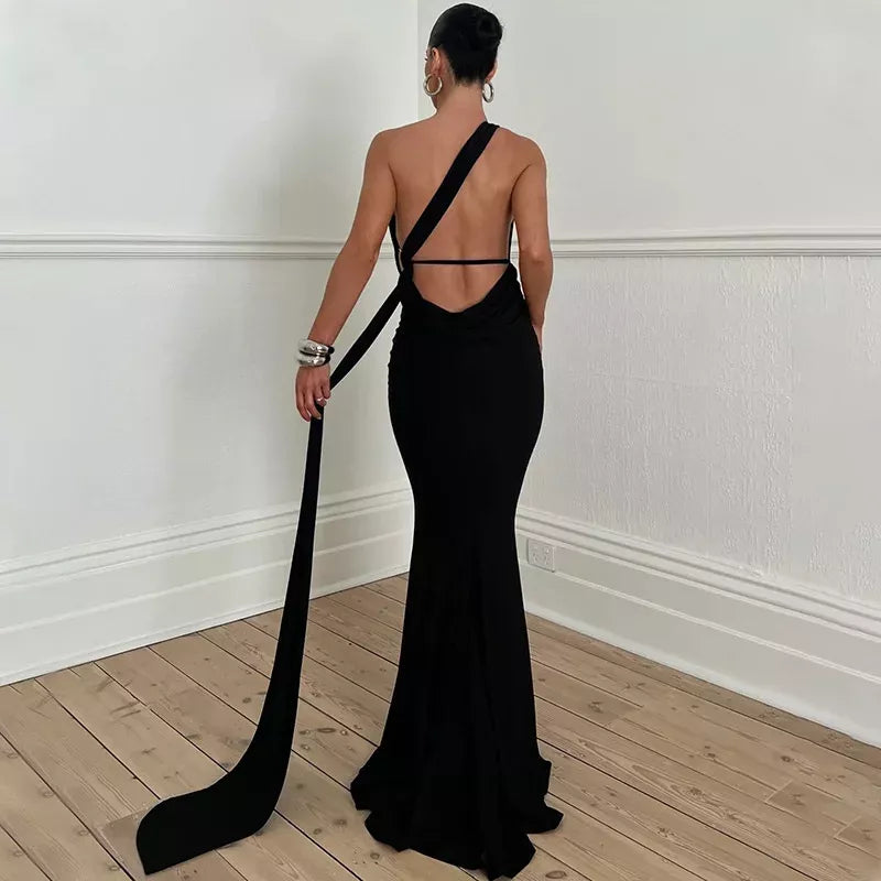 Townlike Inclined Shoulder Elegant Maxi Long Dress