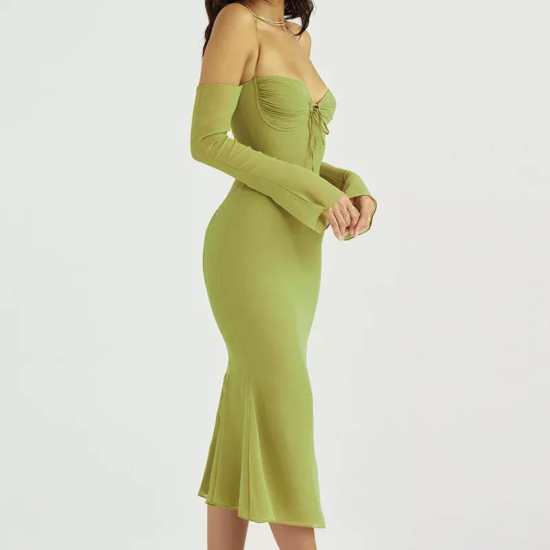 Elegant Off-Shoulder Lace-Up Mesh Midi Dress