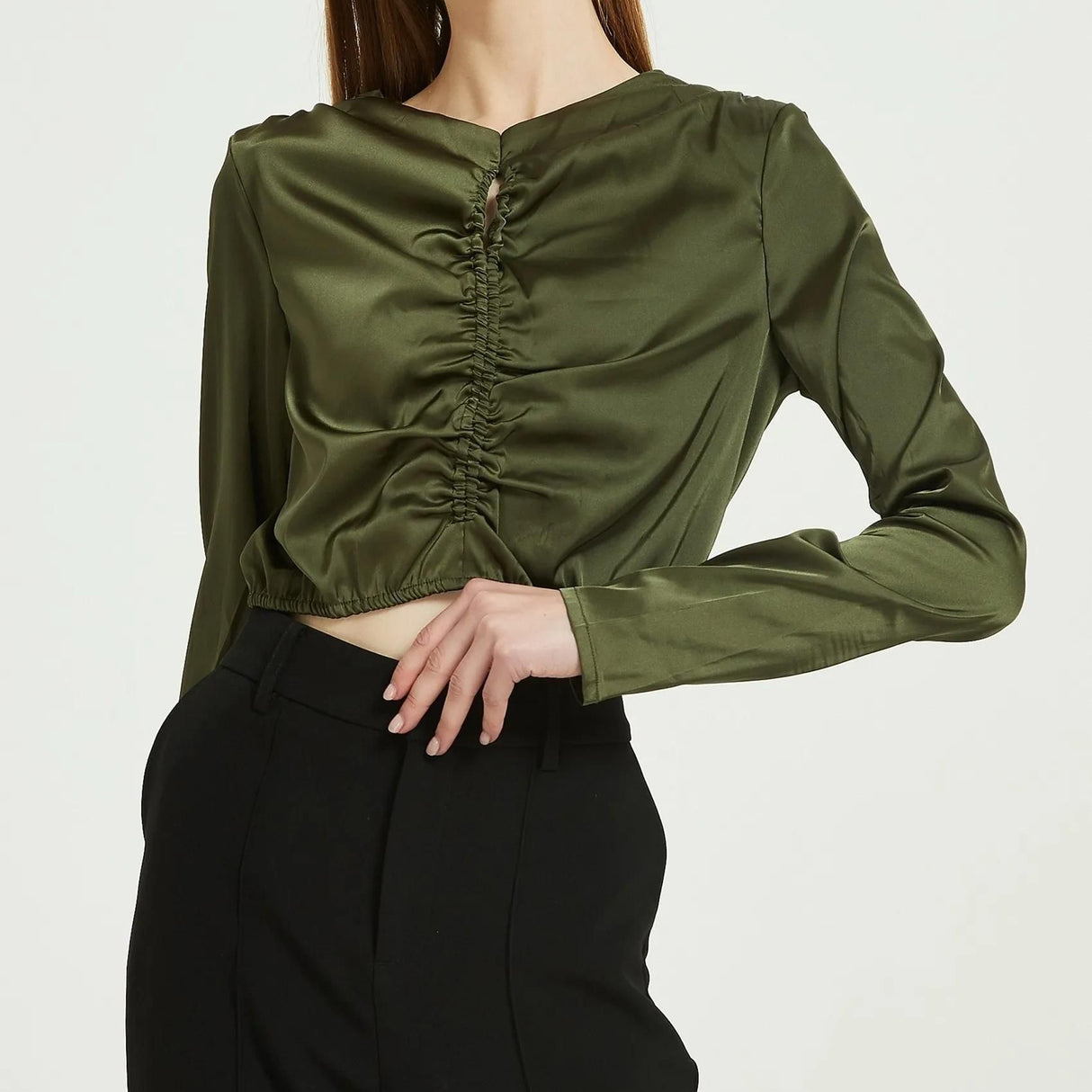 Blusa de manga larga de gasa de seda verde elegante