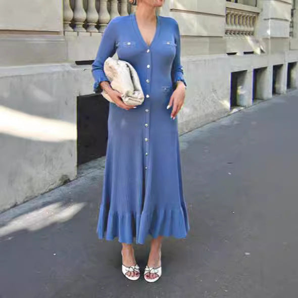 Vestido de punto de largo medio con mangas con volantes y escote en V elegante estilo francés para mujer