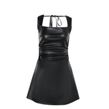 Slim-fit Leather Pleated Square Collar Dress Women