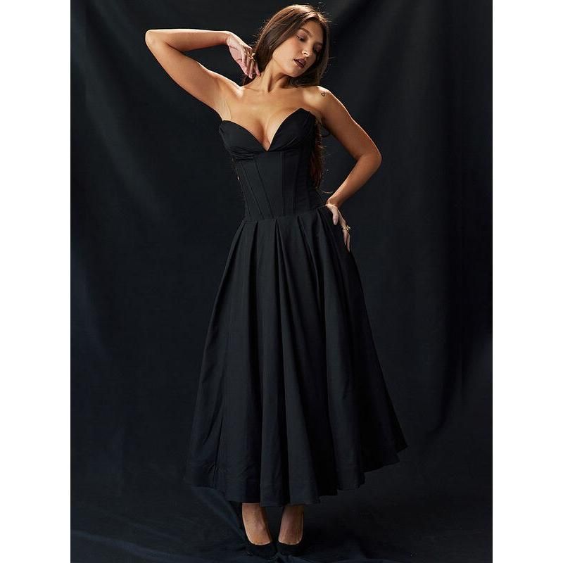 Vestido midi elegante sin espalda de corte A para mujer