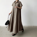 Vestido largo de lino con corte en A y manga corta para mujer