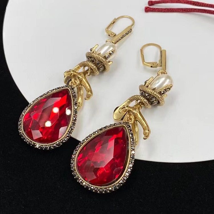 Women's Pearl Rhinestone With Ruby Earrings - Dazpy