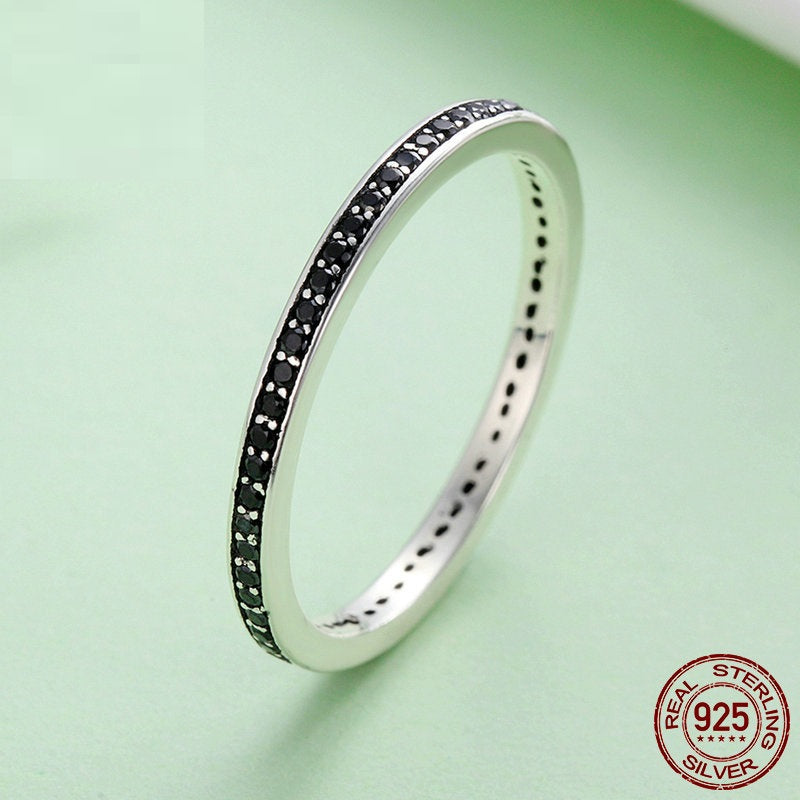 Simple Fashion Elegant Women's Black Zircon S925 Sterling Silver Ring - Dazpy