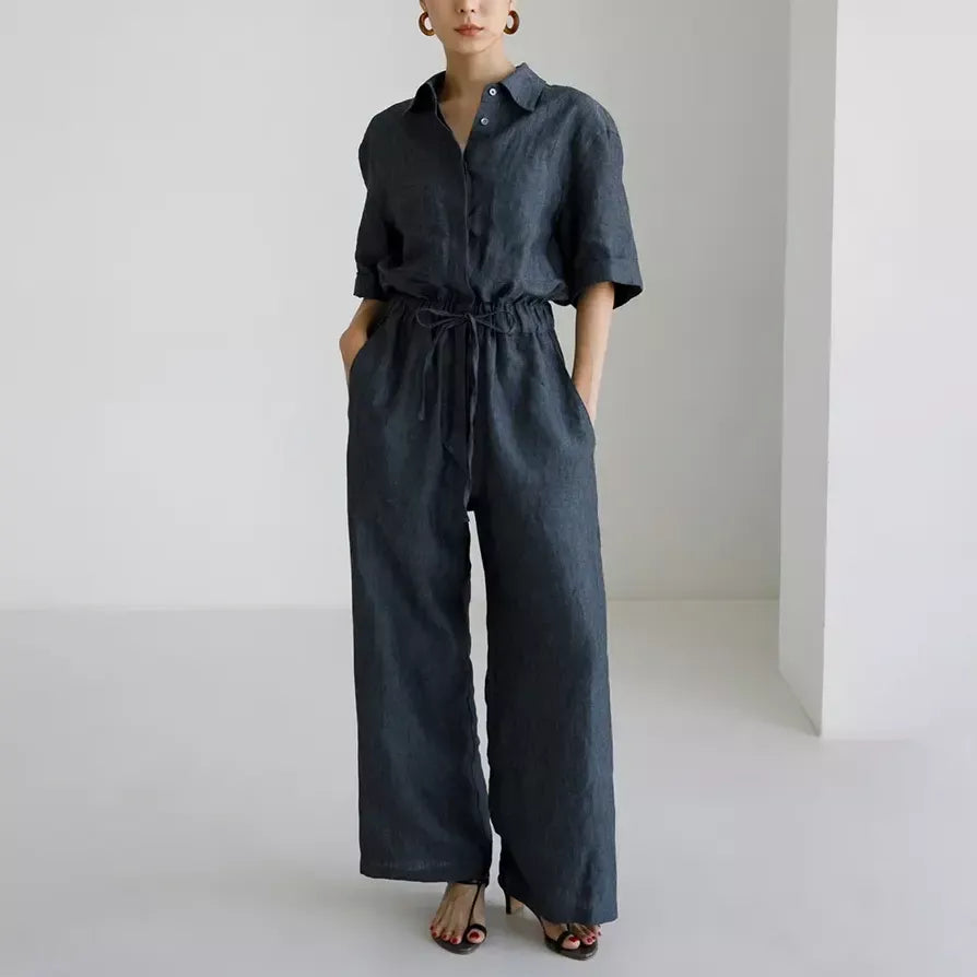 Short Sleeve Linen Jumpsuit with Wide Pants