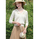 Vintage V-Neck Embroidered Knit Sweater for Women