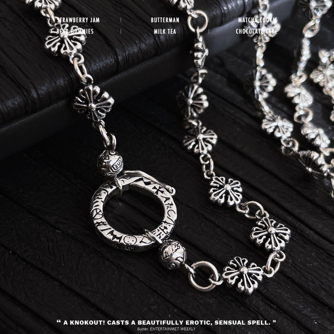 S925 Silver Graffiti Round Buckle Cross Flower Necklace - Dazpy