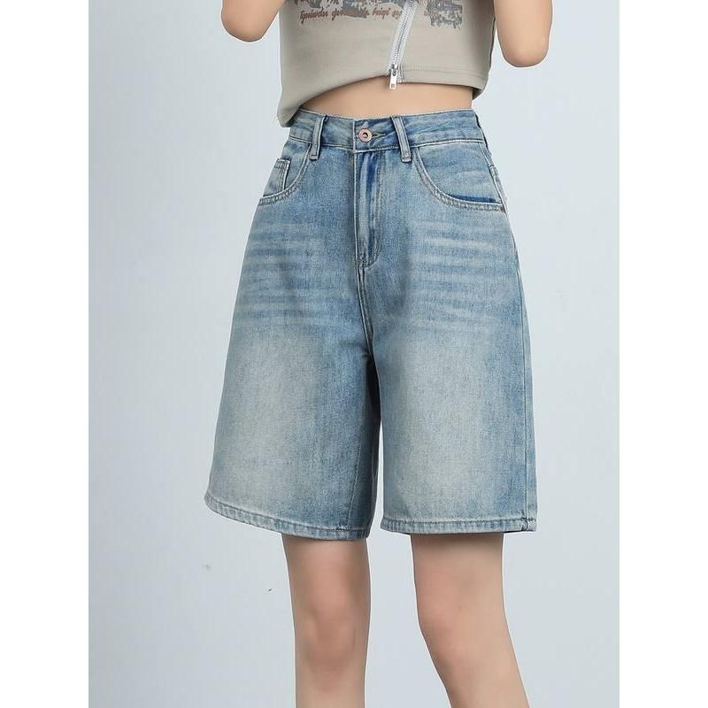 High Waist Knee Length Denim Shorts for Women