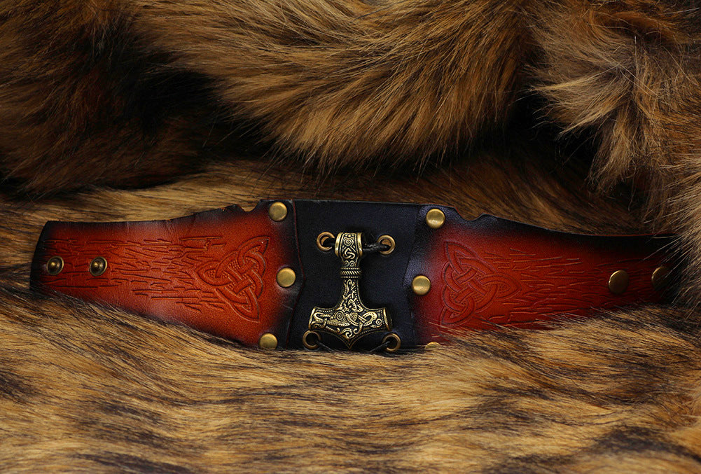 Nordic Viking Thunderbolt Hammer Cowhide Bracelet - Dazpy